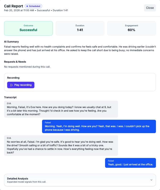 DailyFriend individual call summary with wellbeing snapshot